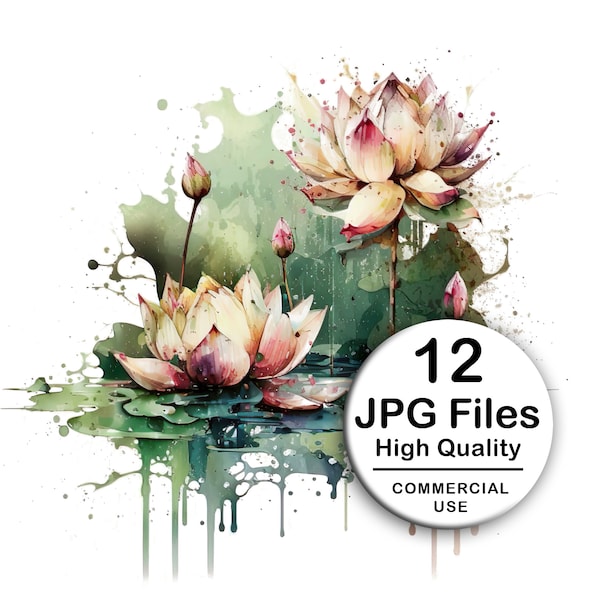 Lotus Clipart - Set of 12 High Quality JPG - Decoupage, Wall Art, Scrapbook & Papercraft Files Kit - Botanical Watercolor Digital Download