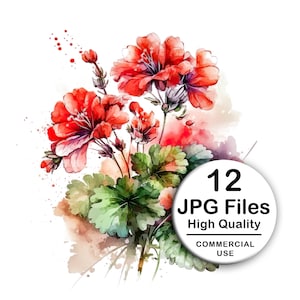 May include: Watercolour painting of red flowers with green leaves and a white circle with the text "12 JPG Files High Quality COMMERCIAL USE".