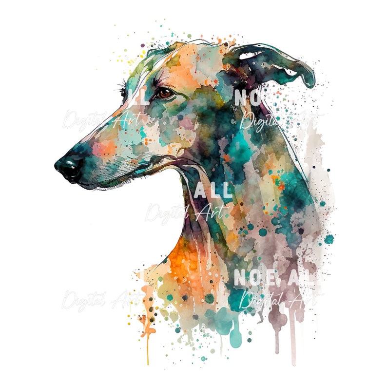 Pode incluir: Pintura em aquarela de um galgo com respingos de tinta azul, verde, laranja e marrom.
