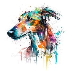 Pode incluir: Uma pintura em aquarela da cabe&ccedil;a de um c&atilde;o com respingos de cor no fundo. O c&atilde;o est&aacute; olhando para a esquerda e tem uma pelagem marrom claro, azul e laranja.