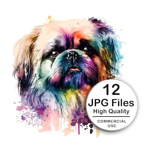 Pekingese Clipart - Set 12 High Quality JPG - Decoupage, Wall Art, Scrapbook & Papercraft File Kit - Instant Watercolor Pet Digital Download