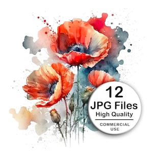 Poppy Clipart - Set 12 High Quality JPG - Decoupage, Wall Art, Scrapbook & Papercraft Files Kit - Botanical Boho Watercolor Digital Download