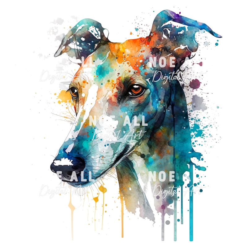 Pode incluir: Pintura a aquarela de um c&atilde;o galgo com respingos de tinta azul, verde, laranja e amarela. Os olhos do c&atilde;o s&atilde;o castanhos e a pintura tem um fundo branco.