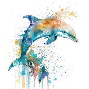 May include: A watercolor painting of a dolphin jumping out of the water. The dolphin is painted in shades of blue, green, and orange, and the background is a splatter of colorful paint.