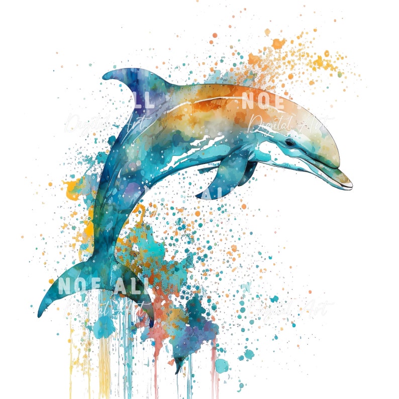 May include: A watercolor painting of a dolphin jumping out of the water. The dolphin is painted in shades of blue, green, and orange, and the background is a splatter of colorful paint.