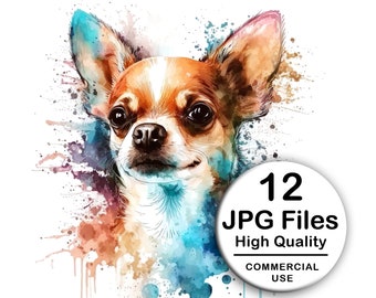 Chihuahua Clipart - Set 12 High Quality JPG - Decoupage, Wall Art, Scrapbook & Papercraft File Kit - Instant Watercolor Pet Digital Download