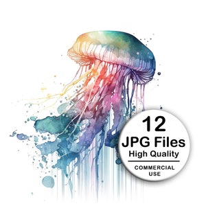 Jellyfish Clipart - Set of 12 High Quality JPG - Decoupage, Wall Art, Scrapbook & Papercraft File Kit - Watercolor Sea Life Digital Download