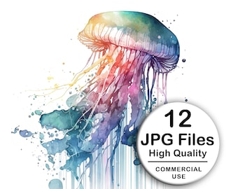 Jellyfish Clipart - Set of 12 High Quality JPG - Decoupage, Wall Art, Scrapbook & Papercraft File Kit - Watercolor Sea Life Digital Download