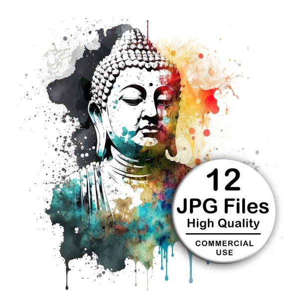 Buddha Clipart - Set of 12 High Quality JPG - Decoupage, Wall Art, Scrapbook & Papercraft Files Kit - Spiritual Watercolor Digital Download