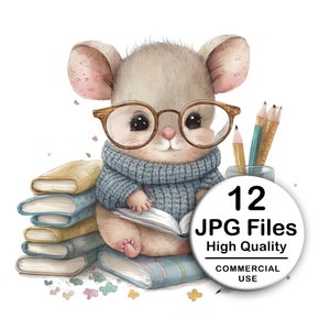 Mouse, Glasses and Books Clipart - Set 12 High Quality JPG - Decoupage, Wall Art, Scrapbook, Papercraft Kawaii Kit - Child Digital Download