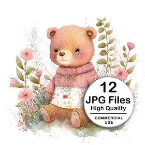 Cute Bear in Pink, Flowers Clipart - 12 of High Quality JPG - Decoupage, Wall Art, Scrapbook, Papercraft Kawaii Kit - Child Digital Download