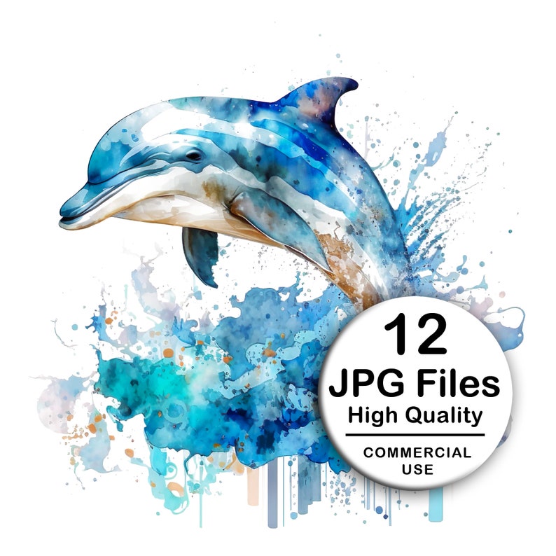May include: A watercolor painting of a blue dolphin jumping out of the water. The dolphin is surrounded by blue and gold watercolor splatters. The text "12 JPG Files High Quality COMMERCIAL USE" is in a white circle.