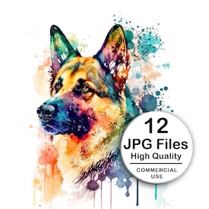 German Shepherd Clipart - Set 12 High Quality JPG - Decoupage, Wall Art, Scrapbook & Papercraft Files Kit - Watercolor Pet Digital Download