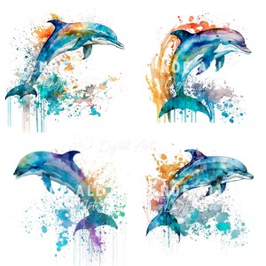 May include: Four watercolor paintings of dolphins jumping out of the water with colorful splashes of paint in the background.