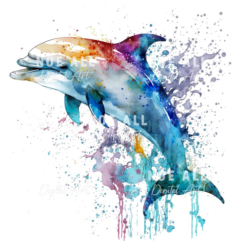 May include: A watercolor painting of a dolphin jumping out of the water. The dolphin is painted in shades of blue, purple, and orange, with splashes of color around it.