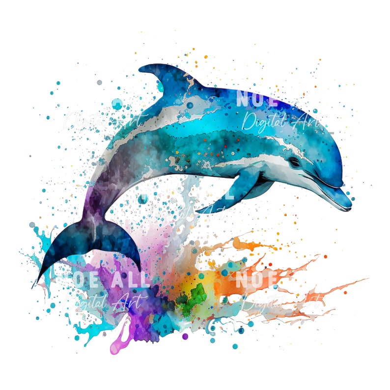 May include: A watercolor painting of a dolphin jumping out of the water, surrounded by colorful splashes of paint. The dolphin is blue and gray, with a white belly. The background is white.