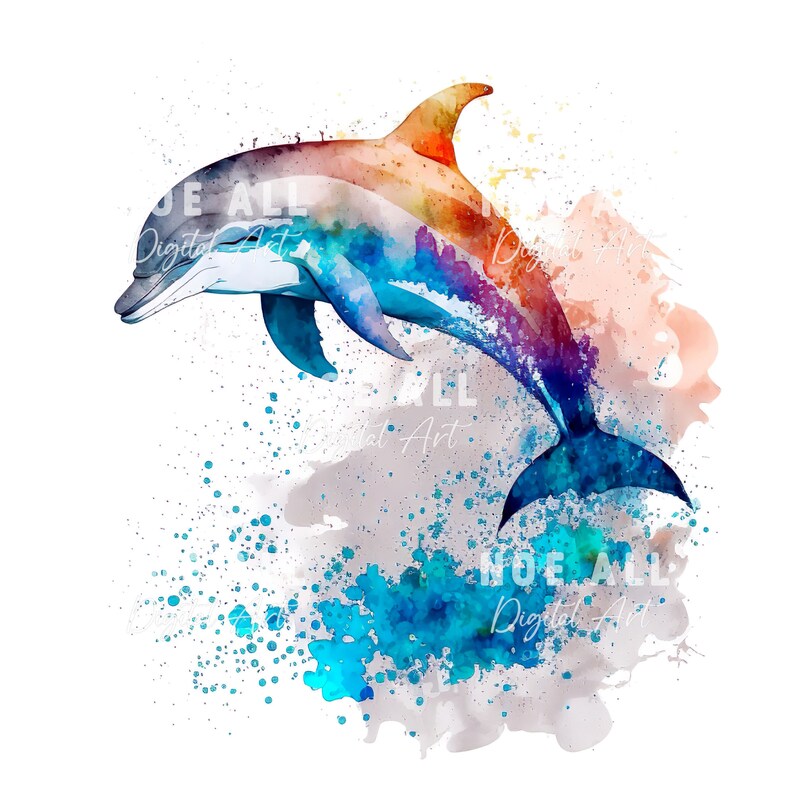 May include: A watercolor painting of a dolphin jumping out of the water. The dolphin is painted in shades of blue, purple, orange, and yellow. The background is a watercolor wash of blue and brown.