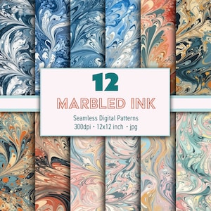 May include: Twelve seamless digital patterns featuring marbled ink in various colors, including blue, orange, pink, and yellow. The patterns are 12x12 inches and 300 dpi.