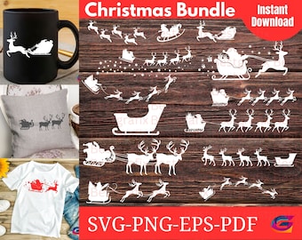 Trineo de Santa svg, paquete de imágenes prediseñadas de Navidad, SVG de renos, silueta de trineo de Santa voladora, imágenes prediseñadas de trineo de Santa Claus Descarga instantánea