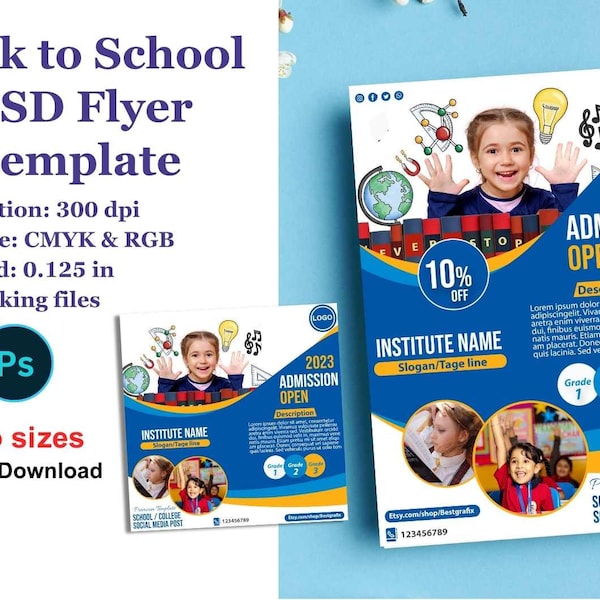 School Flyer Template, Back to School PSD Flyer Template,A4 Printable School Banner, E-Flyer,School Admission Facebook Ad, Education Flyer