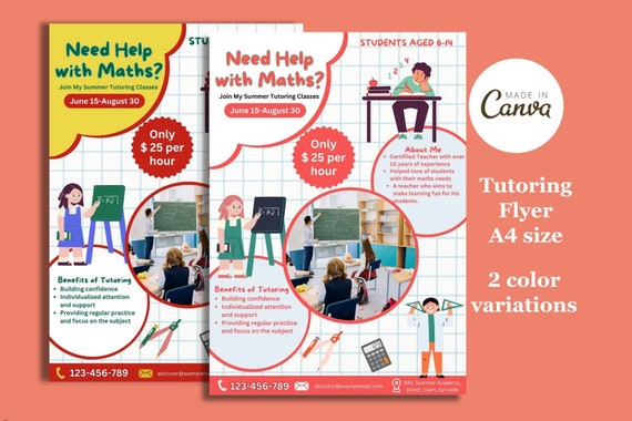 Tutoring Flyer Template, Math Tutor Flyer, Summer Tutoring Flyer,online Tutor  Flyer, Teacher,tutoring Services Flyer,a4 Flyer, Two Colors - Etsy