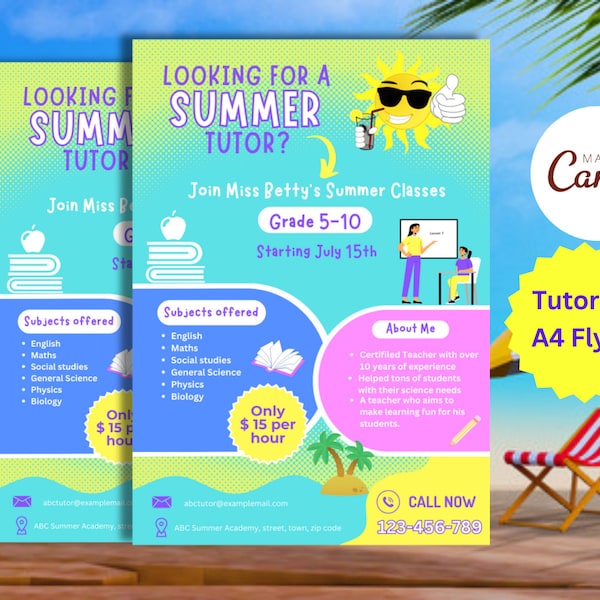 Summer Tutoring Flyer Template, Canva Tutoring Flyer, Small Business Flyer,Home tuition, Tutor Banner,Summer Tutor Poster, Tutoring Poster