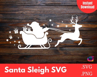 Trineo de Papá Noel SVG, Trineo de Papá Noel PNG, Trineo de Papá Noel y silueta de reno SVG, Papá Noel volando SVG, Descarga instantánea, Nochebuena