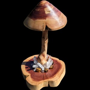 Könnte beinhalten: Eine Pilzskulptur aus Holz mit einer natürlichen Holzoptik. Der Pilz hat einen breiten, flachen Hut und einen schlanken Stiel. Der Sockel der Skulptur ist mit klaren Quarzkristallen und Tigeraugen-Steinen verziert.