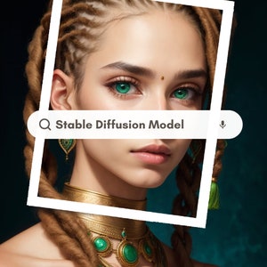 Puede incluir: Retrato de una mujer con ojos verdes y rastas marrones. Lleva joyas doradas con detalles verdes, incluyendo un collar y pendientes. El texto "Stable Diffusion Model" aparece en una barra de búsqueda superpuesta a la imagen.