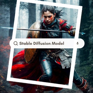 May include: A woman in a red and black costume holds a sword and shield in a woodland setting. She has red and black face paint and is looking directly at the camera. The image is generated by a Stable Diffusion model.