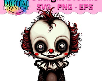 Op de afbeelding: Een digitale illustratie van een griezelige clown met rood haar, een wit gezicht en een rode neus. De clown draagt ​​een zwart-wit kostuum met een gerimpelde kraag.