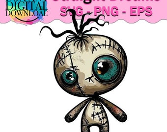 May include: A cartoon illustration of a stitched doll with large blue eyes and a messy, dark hair. The doll is standing with its arms outstretched and has a distressed, vintage look.