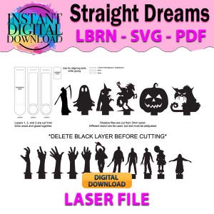 Può includere: Un download digitale di file di taglio laser per decorazioni di Halloween. I file includono una varietà di personaggi spettrali, tra cui un fantasma, una strega, una zucca e un gatto. I file sono progettati per essere tagliati da legno di 3 mm e incollati insieme. Il testo "Straight Dreams LBRN - SVG - PDF" è nella parte superiore dell'immagine. Il testo "*DELETE BLACK LAYER BEFORE CUTTING*" è al centro dell'immagine.