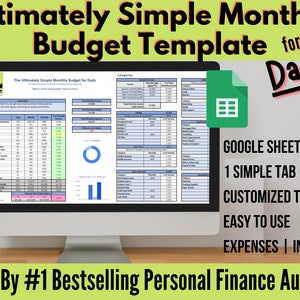 May include: A computer screen displaying a Google Sheet budget template for dads. The template is titled "The Ultimately Simple Monthly Budget for Dads." The screen is on a desk with a man standing in front of it. The text "By #1 Bestselling Personal Finance Author" is at the bottom of the image.
