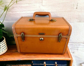 Vintage Brown/Tan Samsonite Train Case, Cosmetic Case, Travel Case, Luggage, with Original Mirror