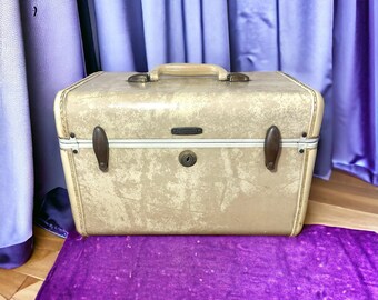 Vintage Marbled Beige Samsonite Train Case, Cosmetic Case, Travel Case, Luggage, with Original Tray, Key, and Mirror