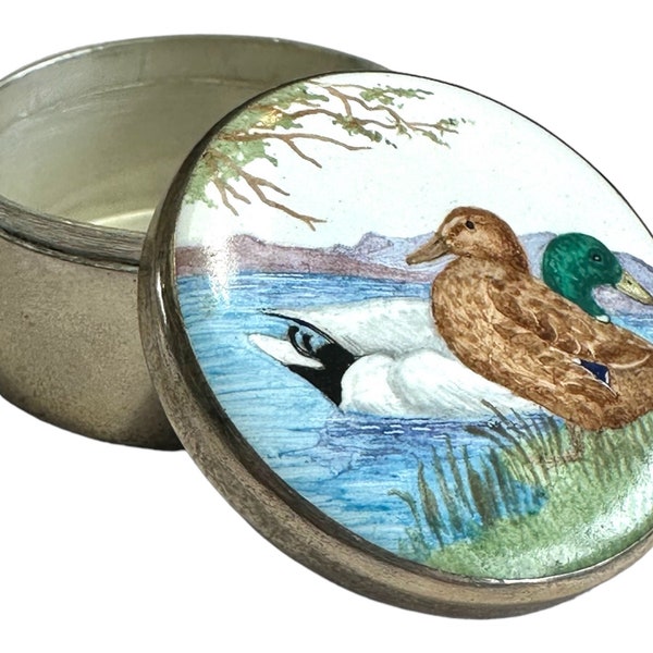 Vintage Sterling And Enamel Patch Box, Pill Box, Trinket Box, Mallard Ducks