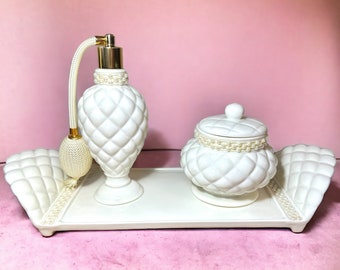 Vintage Avon Porcelain Vanity Set With Faux Pearl Accents