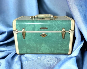 Vintage Marbled Teal/Blue Samsonite Train Case, Cosmetic Case, Travel Case, Luggage, with Original Tray, Key, and Mirror