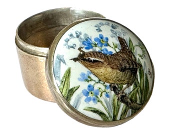 Vintage Sterling And Enamel Patch Box, Pill Box, Trinket Box With Carolina Wren