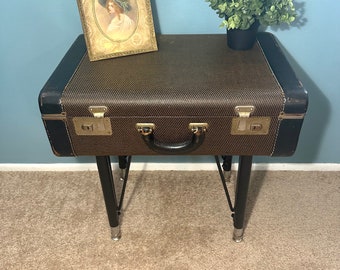 Upcycled MCM Vintage Suitcase Table, End Table, Side Table, Nightstand, Wedding Decor, Decor, Handmade, Black & Brown with Floral Lining