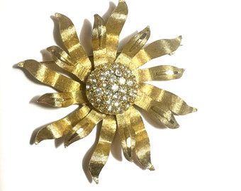 Vintage BSK Signed Flower Brooch With Rhinestones