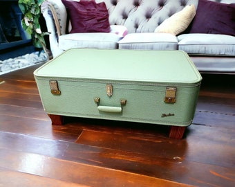 Vintage Upcycled Suitcase Ottoman, End Table, Green Exterior, Beige and Gold Interior