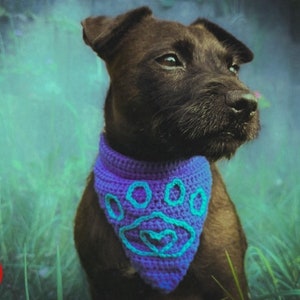 Può includere: Un cane nero che indossa un bandana di uncinetto viola con un design a forma di zampa di colore turchese. Il bandana ha un cuore al centro dell'impronta della zampa. Il cane guarda a destra e il testo "Pawfect" è scritto in lettere verdi sul lato destro dell'immagine.