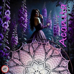 以下が含まれることがあります： 紫色のドレスを着た女性が紫色の花畑に立っています。手前に、ピンクのグラデーションがかった大きな白いクロシェのマンダラがあります。画像の右側にピンクで「A'colta」という文字が書かれています。