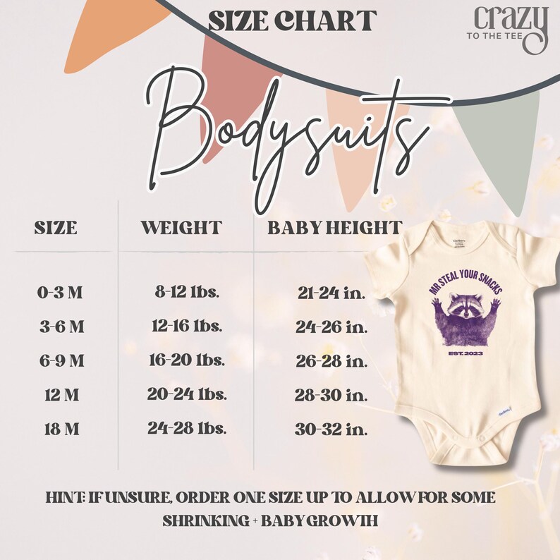Pu&ograve; includere: Body da bambino color crema con grafica di procione viola e la scritta "Mr. Steal Your Snacks". Una tabella taglie elenca taglie, pesi in kg e altezze del bambino in cm per body.