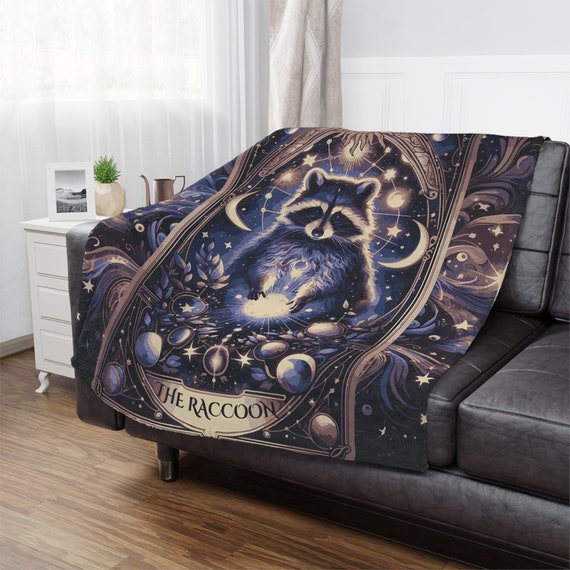 Celestial Raccoon Tarot Blanket, Raccoon Lightweight Velveteen Blanket