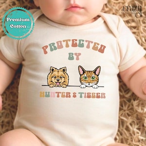 Custom Dog and Cat ONESIES® Brand, Personalized Baby Gift for Baby Shower, Protected by Pets baby Bodysuit, Custom Dog Cat Baby Body Suit