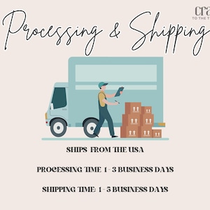 May include: Illustration of a delivery truck with a person loading boxes. The text "Processing & Shipping" is at the top of the image. The text "Ships from the USA" is below the truck. The text "Processing Time 1-3 Business Days" and "Shipping Time: 1-5 Business Days" are below the text "Ships from the USA".