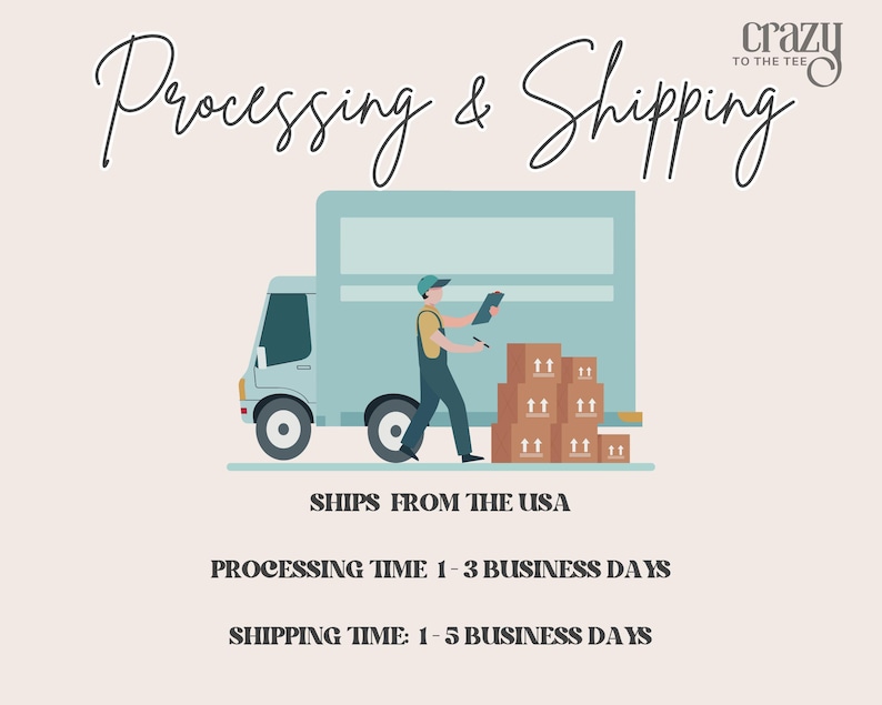 May include: Illustration of a delivery truck with a person loading boxes. The text "Processing & Shipping" is at the top of the image. The text "Ships from the USA" is below the truck. The text "Processing Time 1-3 Business Days" and "Shipping Time: 1-5 Business Days" are below the text "Ships from the USA".
